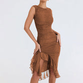 Ruched Crew Neck Sleeveless Bodycon Ruffle Cocktail Midi Dress - Brown